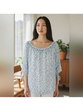 Max studio L flowy boho ruffle scoop neck 3/4 sleeve sheer light top floral